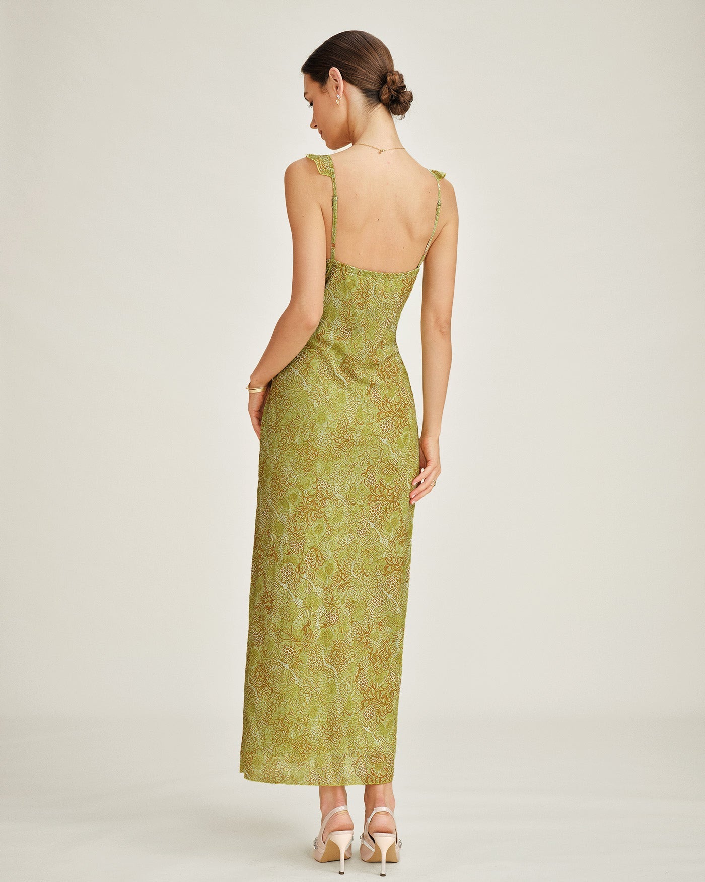 Yeşil Kolsuz Çiçek Desenli Slip Maxi Elbise