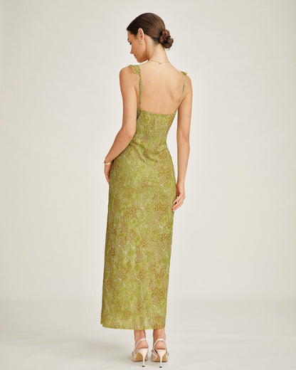 Yeşil Kolsuz Çiçek Desenli Slip Maxi Elbise