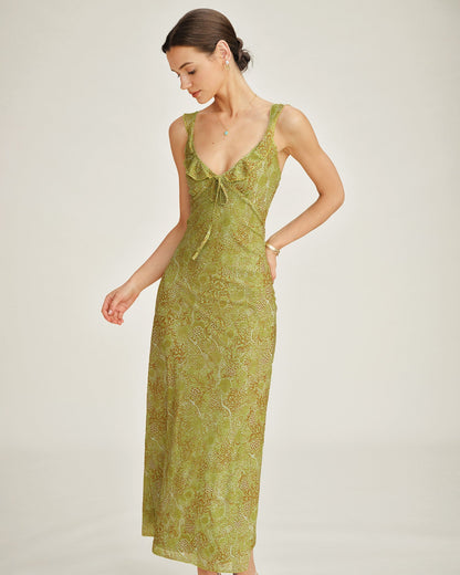 Yeşil Kolsuz Çiçek Desenli Slip Maxi Elbise