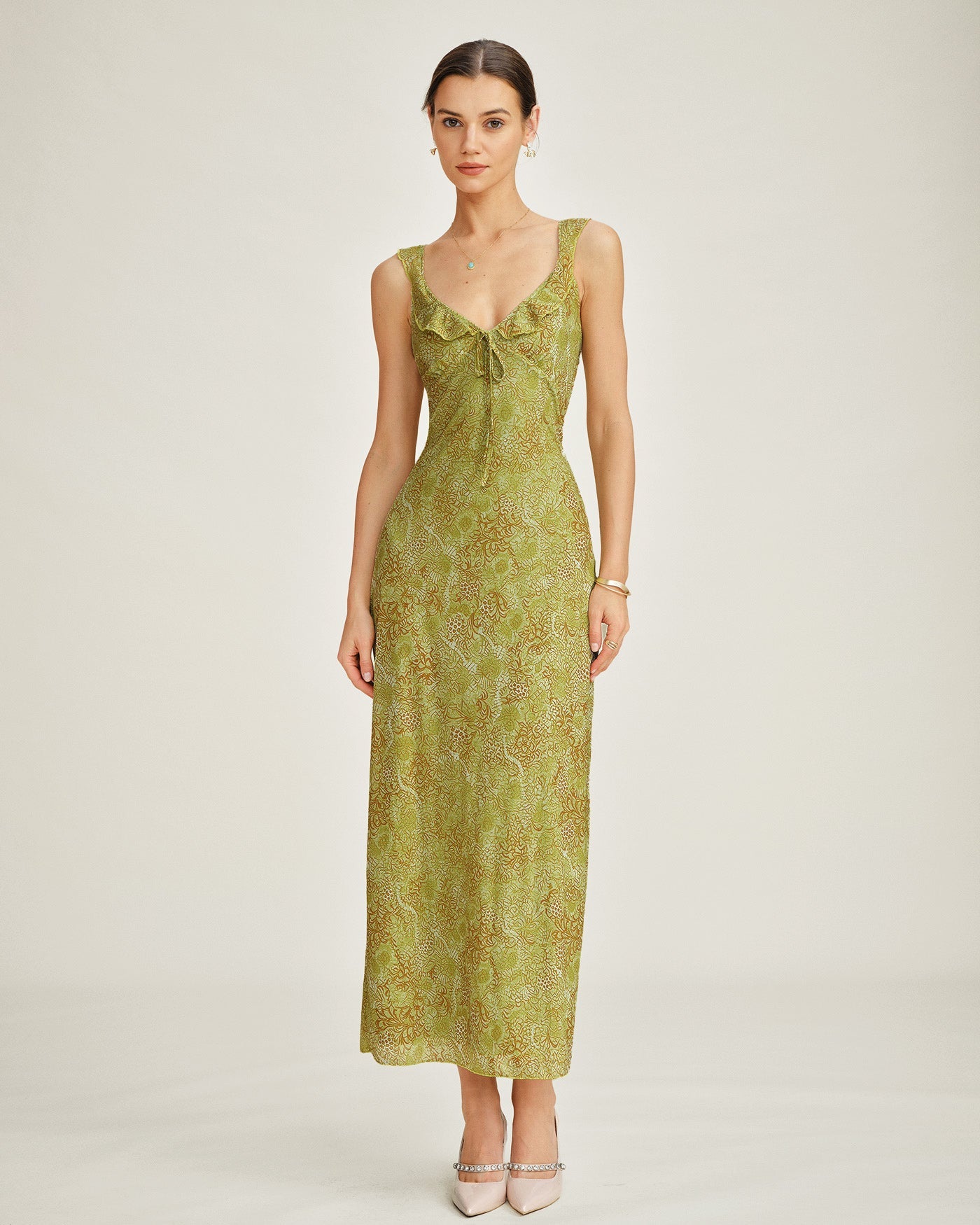 Yeşil Kolsuz Çiçek Desenli Slip Maxi Elbise