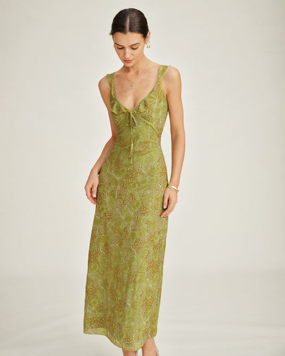 Yeşil Kolsuz Çiçek Desenli Slip Maxi Elbise