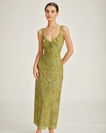 Yeşil Kolsuz Çiçek Desenli Slip Maxi Elbise