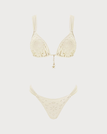 Kırık Beyaz Büzgü Bağlamalı Üçgen Bikini Takımı