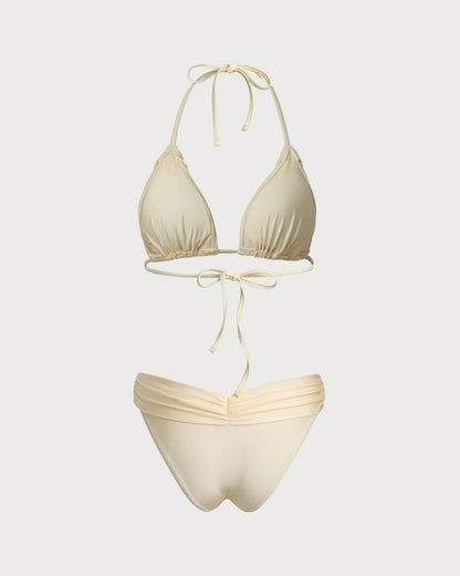 Sarı Büzgülü Boyundan Bağlamalı Bikini Takımı