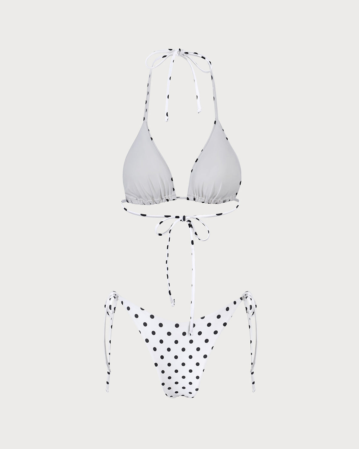 Beyaz Boyundan Bağlamalı Puantiyeli Üçgen Bikini Takımı