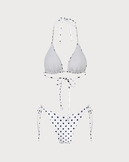 Beyaz Boyundan Bağlamalı Puantiyeli Üçgen Bikini Takımı
