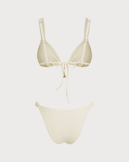 Kırık Beyaz Büzgü Bağlamalı Üçgen Bikini Takımı