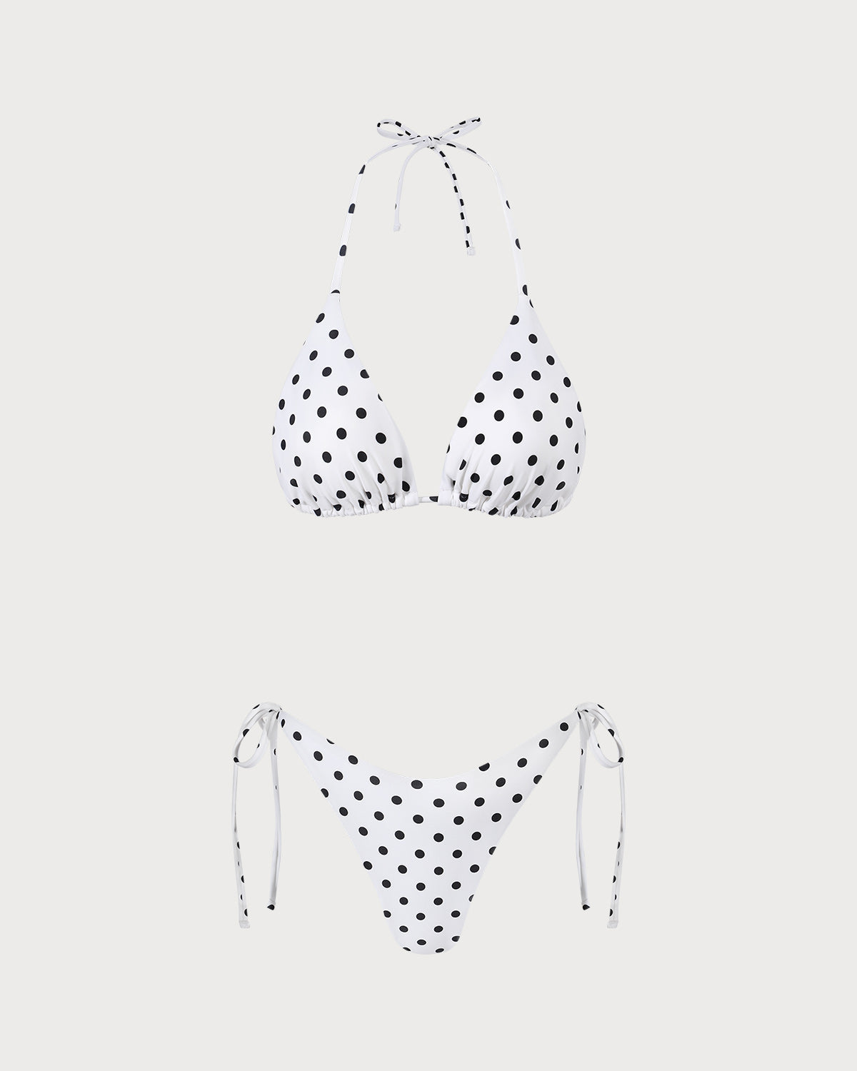 Beyaz Boyundan Bağlamalı Puantiyeli Üçgen Bikini Takımı