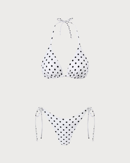 Beyaz Boyundan Bağlamalı Puantiyeli Üçgen Bikini Takımı