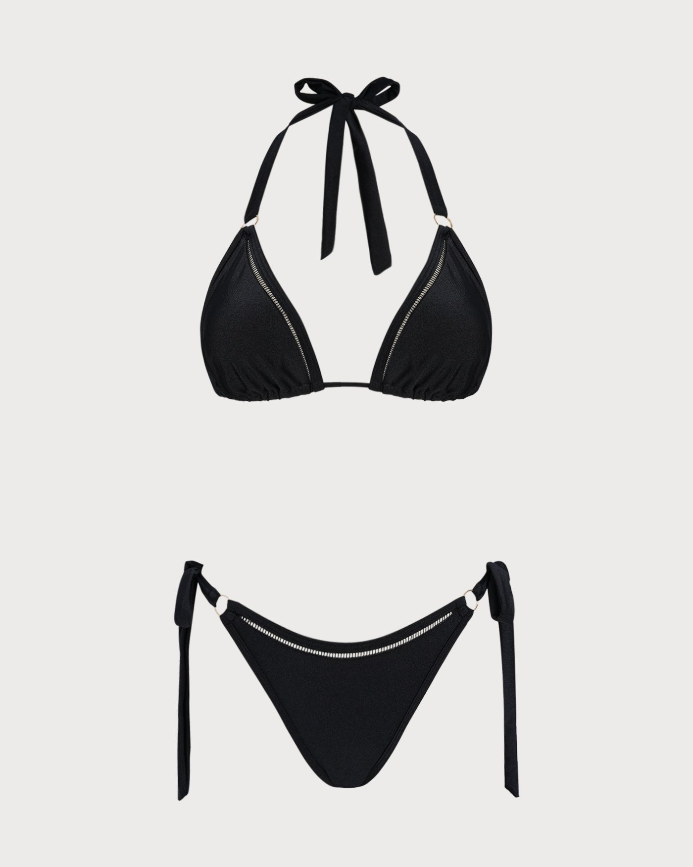 Siyah Boyundan Bağlamalı Halka Detaylı Üçgen Bikini Takımı