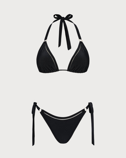 Siyah Boyundan Bağlamalı Halka Detaylı Üçgen Bikini Takımı