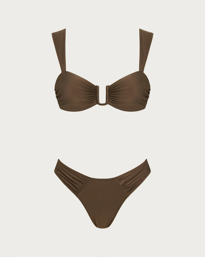 Kahverengi Dekolteli Büzgü Bağlamalı Bikini Takımı