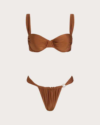 Karamel Kalp Yaka Balenli Bikini Takımı