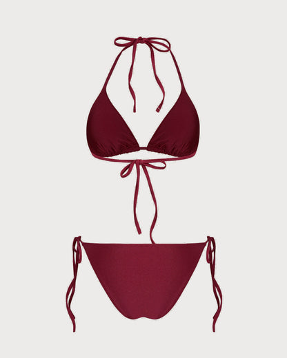 Kırmızı Üçgen Büzgü Bağlamalı Bikini Takımı