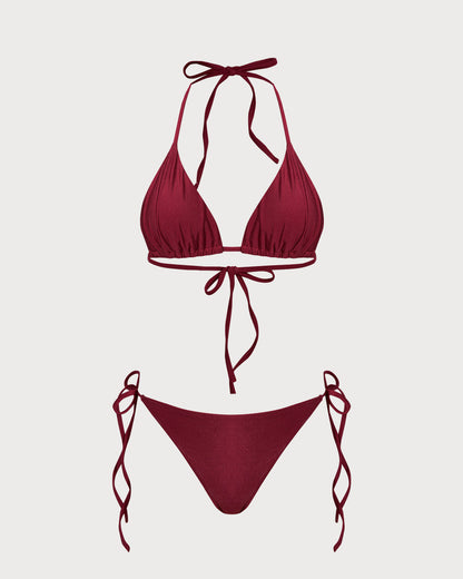 Kırmızı Üçgen Büzgü Bağlamalı Bikini Takımı