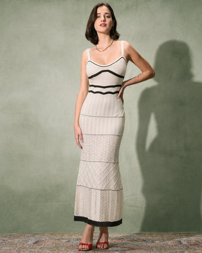 Bej Kontrast Dokulu Slip Maxi Elbise