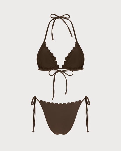 Kahve Boyundan Bağlamalı Nakışlı Bikini Takımı