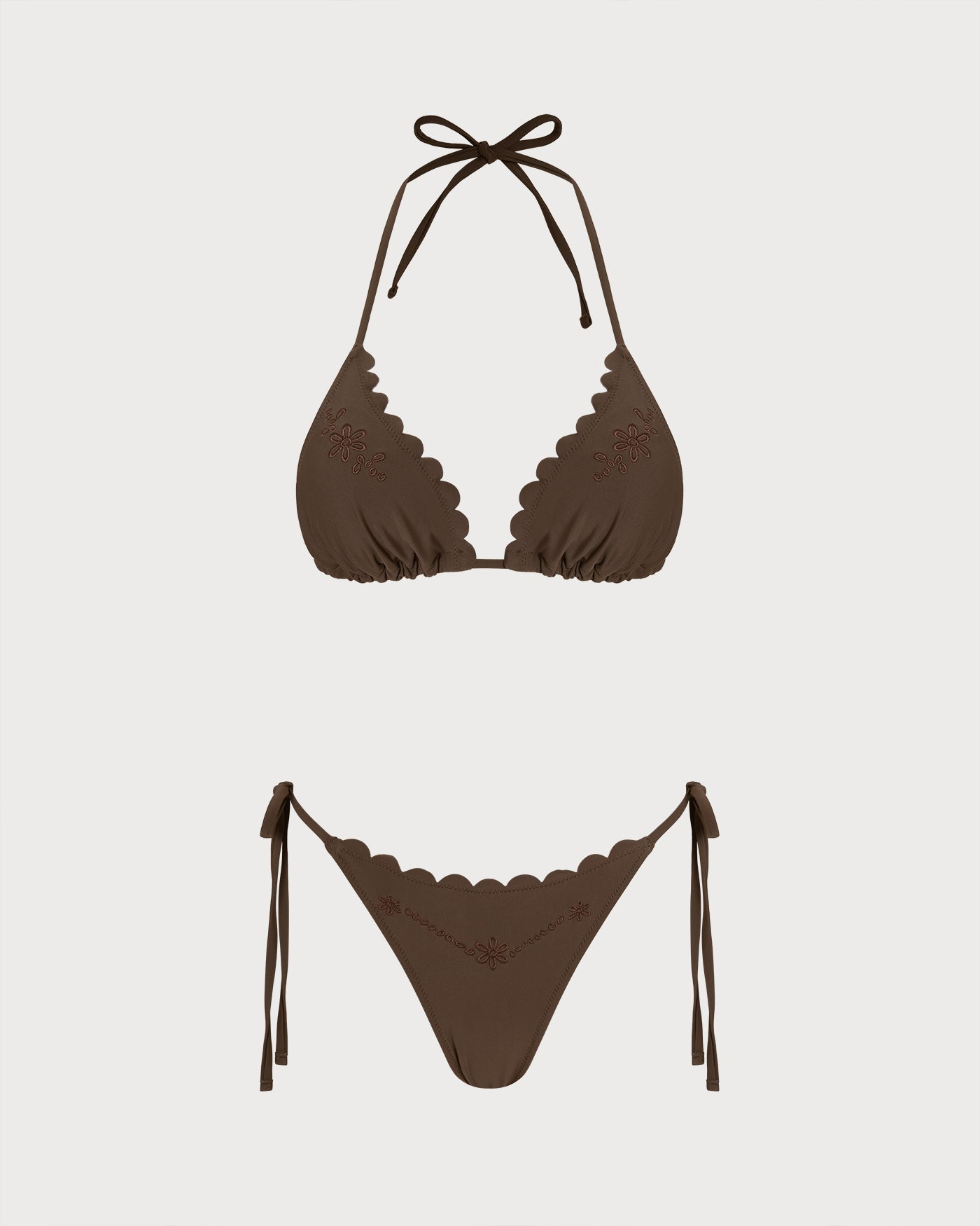Kahve Boyundan Bağlamalı Nakışlı Bikini Takımı
