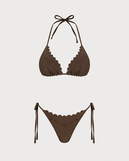 Kahve Boyundan Bağlamalı Nakışlı Bikini Takımı