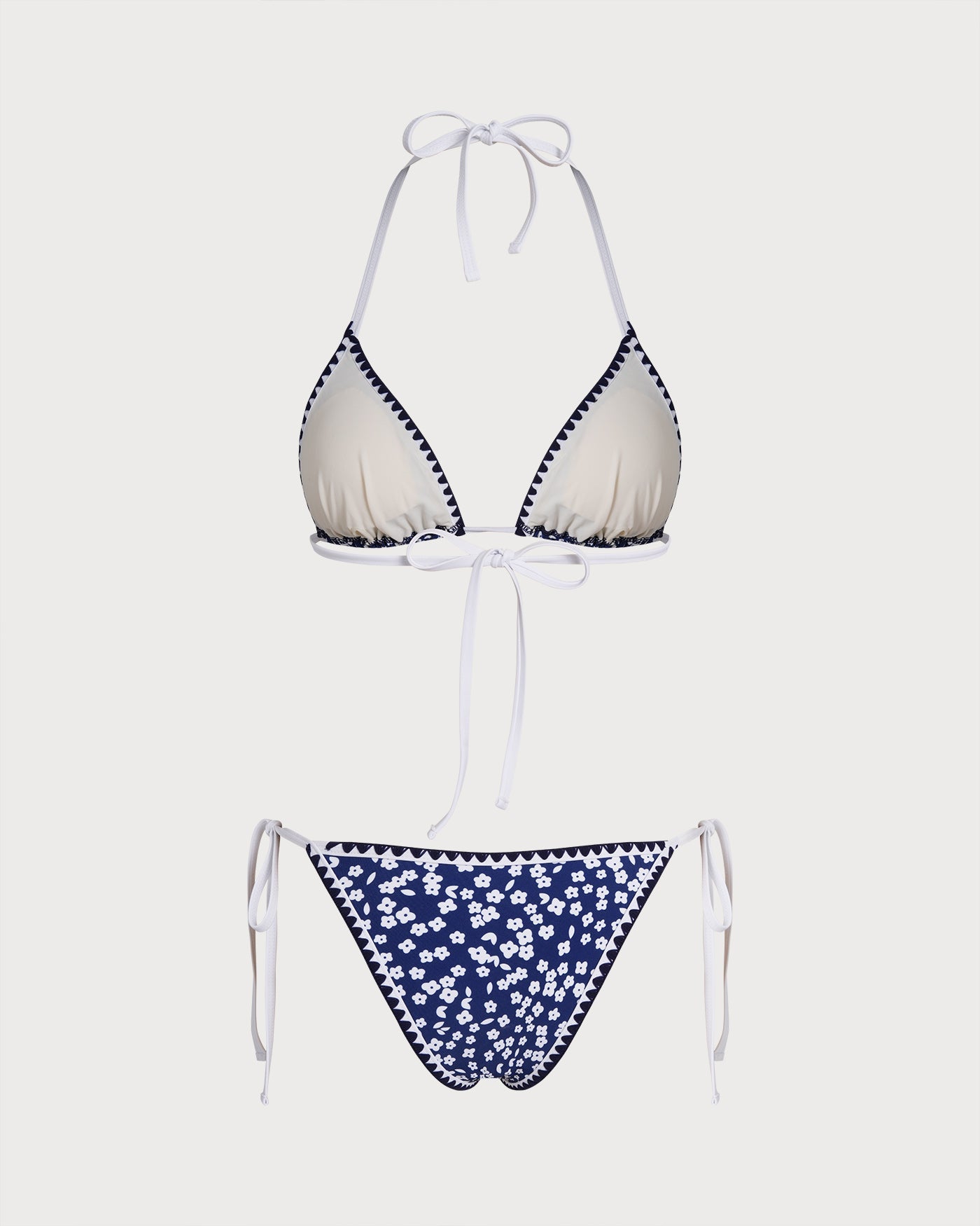 Mavi Boyundan Bağlamalı Çiçek Desenli Üçgen Bikini Takımı