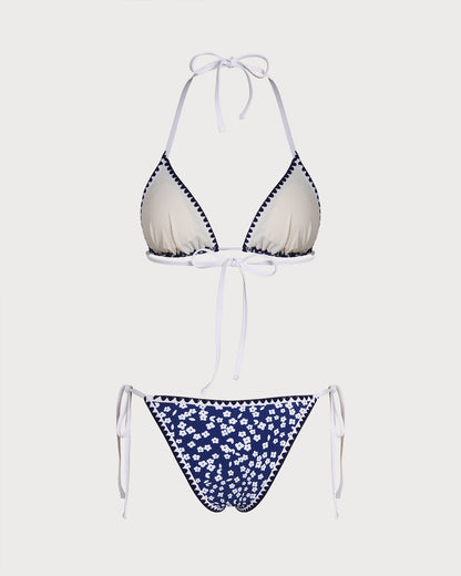 Mavi Boyundan Bağlamalı Çiçek Desenli Üçgen Bikini Takımı