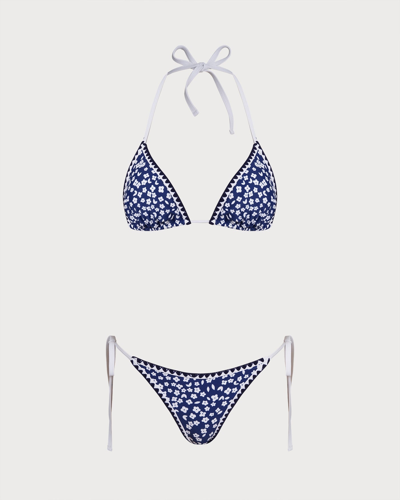 Mavi Boyundan Bağlamalı Çiçek Desenli Üçgen Bikini Takımı