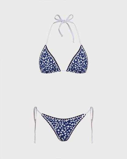 Mavi Boyundan Bağlamalı Çiçek Desenli Üçgen Bikini Takımı