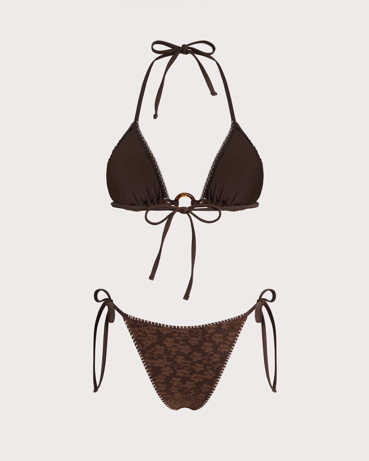 Kahverengi Boyundan Bağlamalı Dokulu Üçgen Bikini Takımı