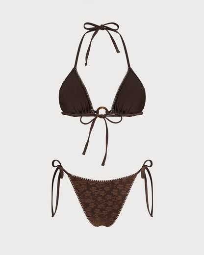 Kahverengi Boyundan Bağlamalı Dokulu Üçgen Bikini Takımı