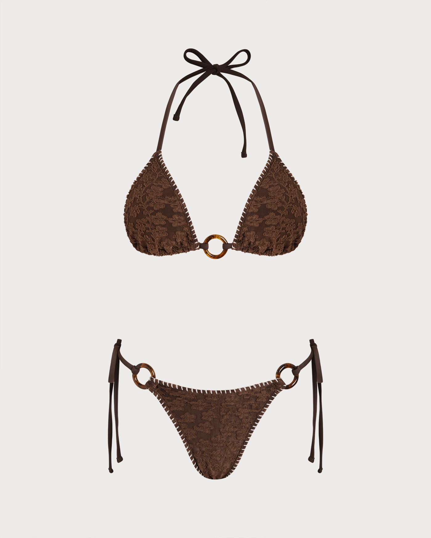 Kahverengi Boyundan Bağlamalı Dokulu Üçgen Bikini Takımı