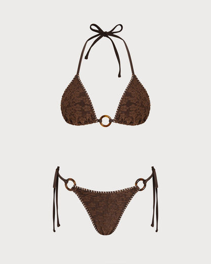 Kahverengi Boyundan Bağlamalı Dokulu Üçgen Bikini Takımı