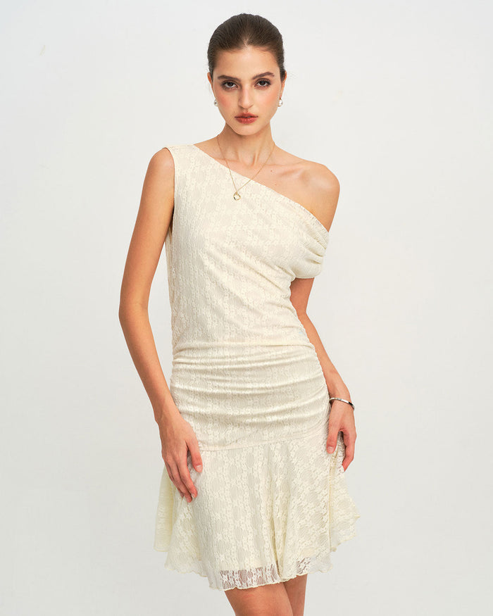 Bej Dantelli One Shoulder Mini Elbise