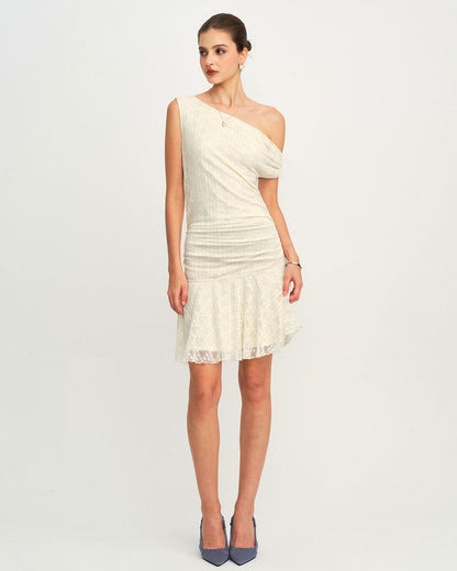 Bej Dantelli One Shoulder Mini Elbise