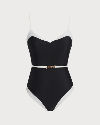 Siyah Kontrast V Yaka Tek Parça Mayo Swimwear