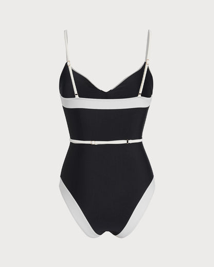 Siyah Kontrast V Yaka Tek Parça Mayo Swimwear
