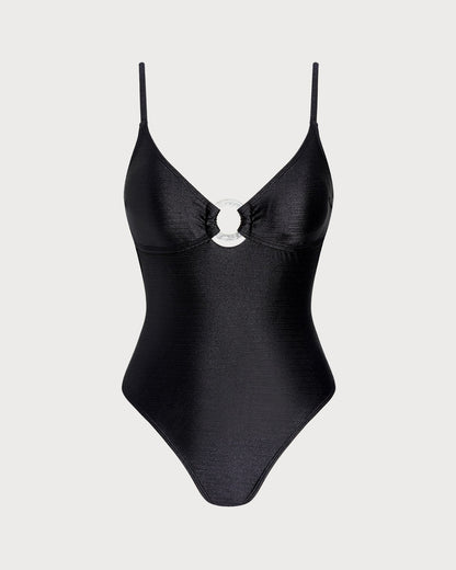 Siyah Düz Renk Halka Detaylı Bralet Tek Parça Mayo