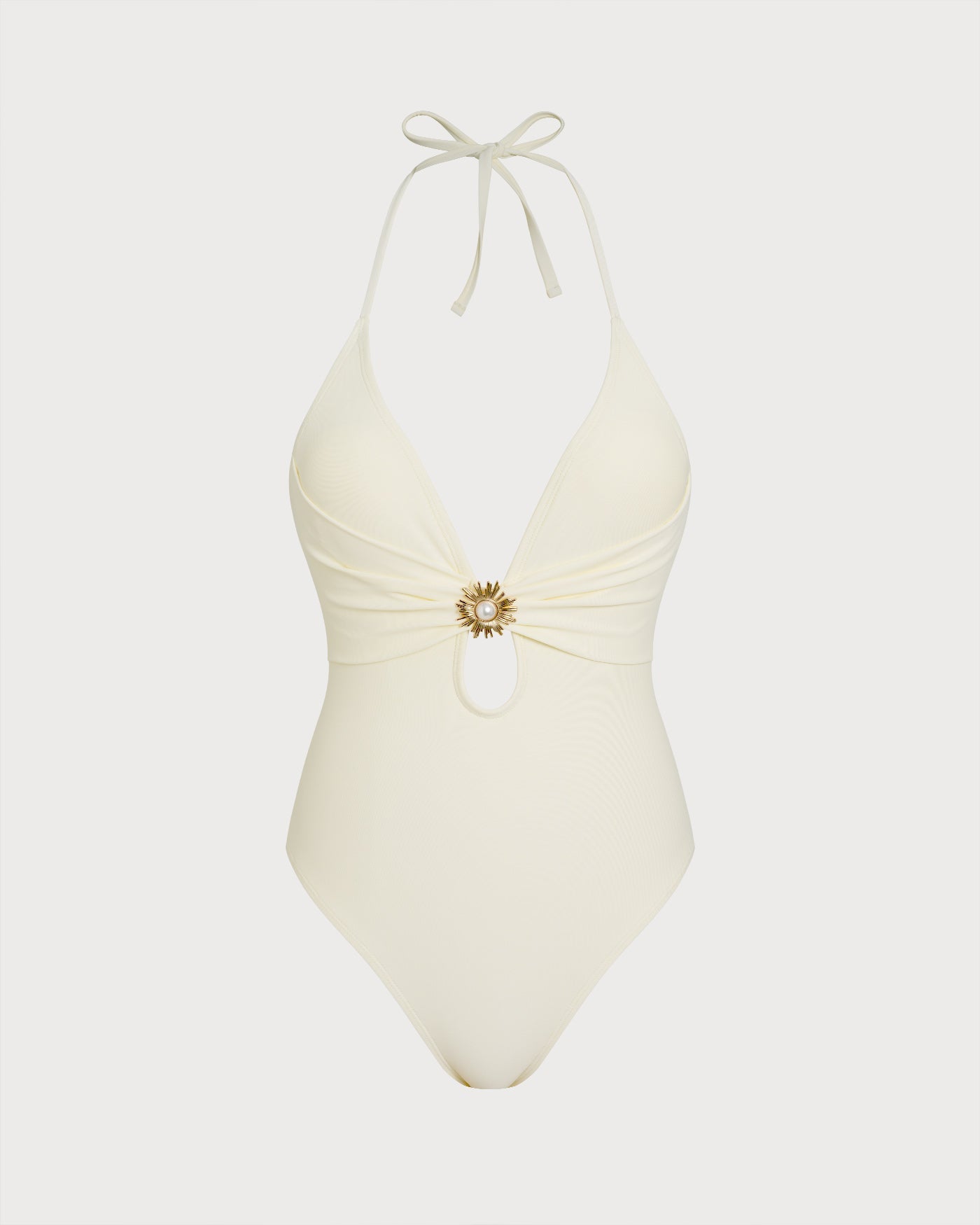Kırık Beyaz Boyundan Bağlamalı Bralet Tek Parça Mayo Swimsuit