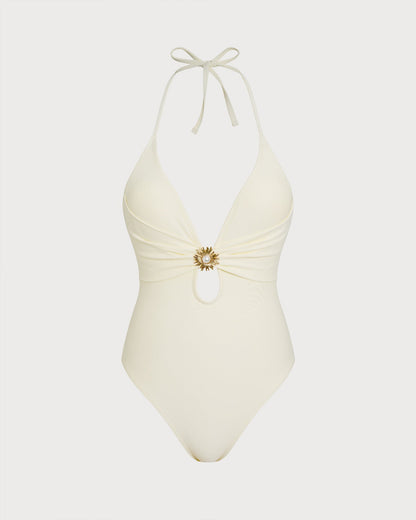 Kırık Beyaz Boyundan Bağlamalı Bralet Tek Parça Mayo Swimsuit