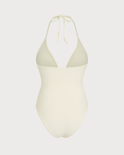 Kırık Beyaz Boyundan Bağlamalı Bralet Tek Parça Mayo Swimsuit