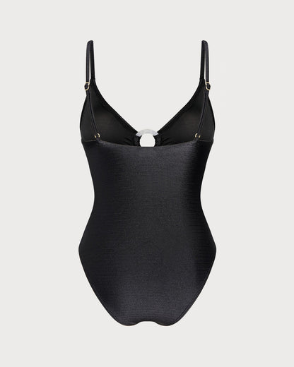 Siyah Düz Renk Halka Detaylı Bralet Tek Parça Mayo