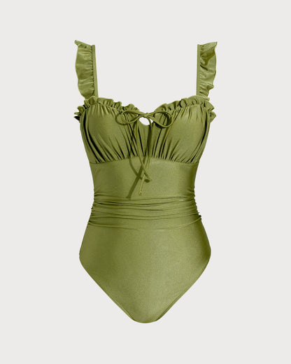 Yeşil Büzgülü Bralet Tek Parça Mayo Swimwear