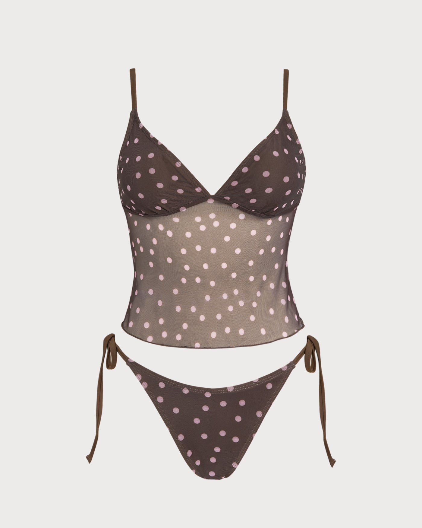 Kahve V Yaka Puantiyeli Tankini Set