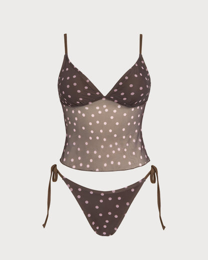 Kahve V Yaka Puantiyeli Tankini Set
