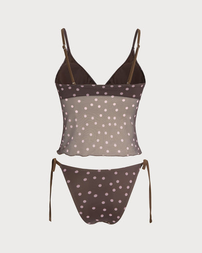 Kahve V Yaka Puantiyeli Tankini Set