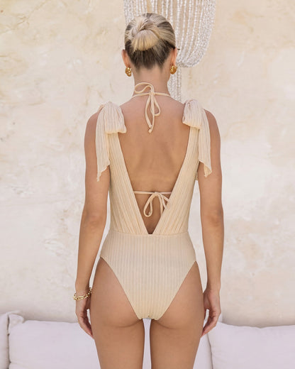Kayısı Boyundan Bağlamalı Payetli Büzgü Bağlamalı Bikini Takımı