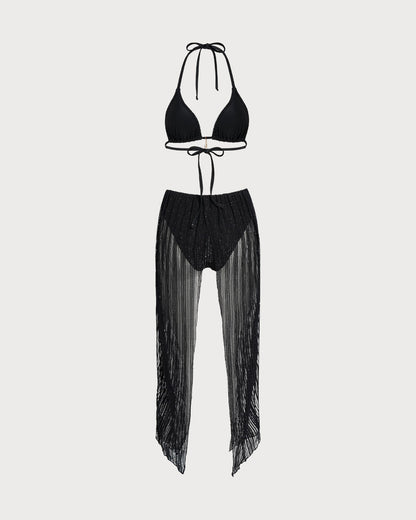 Siyah Boyundan Bağlamalı Büzgü Bağlamalı Üçgen Bikini Takımı