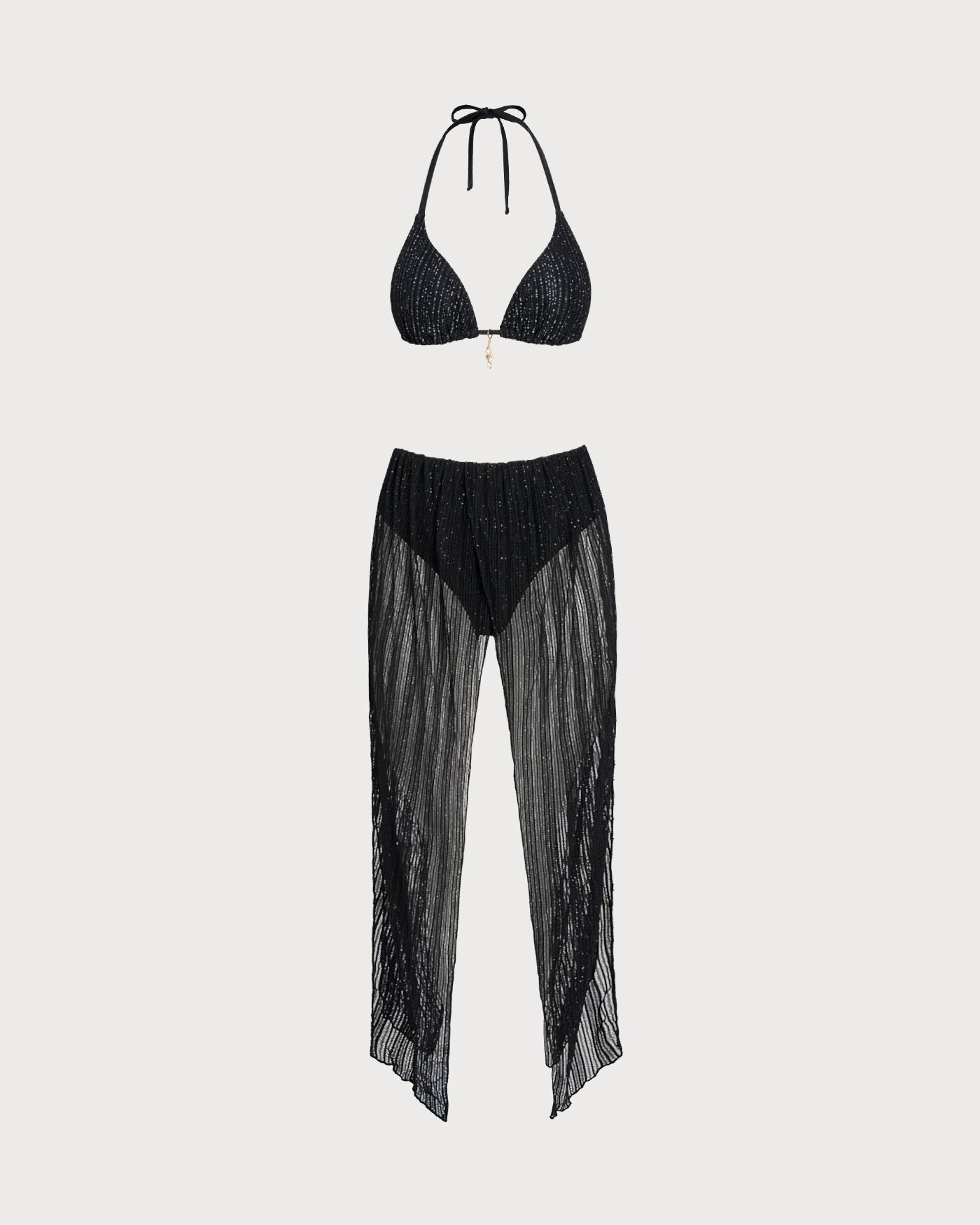 Siyah Boyundan Bağlamalı Büzgü Bağlamalı Üçgen Bikini Takımı