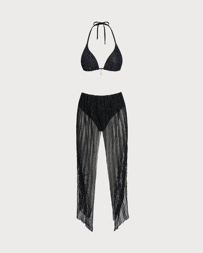 Siyah Boyundan Bağlamalı Büzgü Bağlamalı Üçgen Bikini Takımı