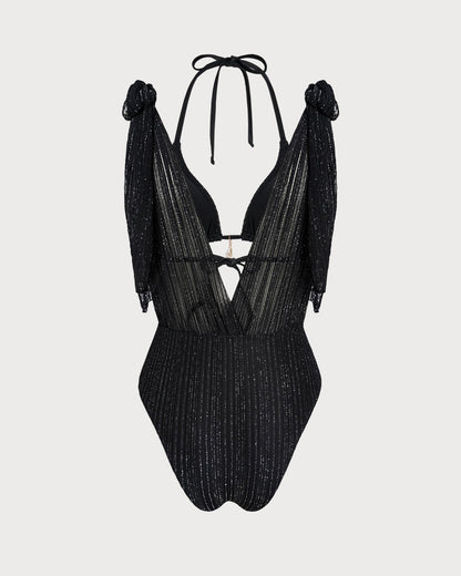 Siyah Boyundan Bağlamalı Büzgü Bağlamalı Üçgen Bikini Takımı