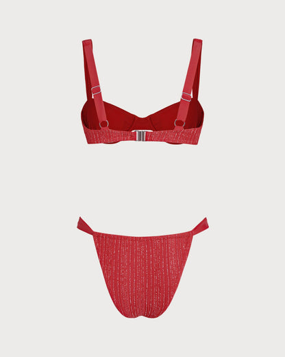 Kırmızı Payetli Balenli Bikini Takımı